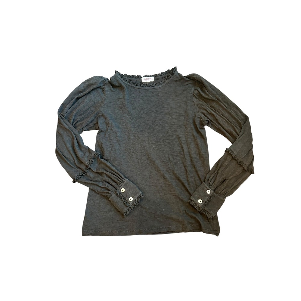 Goldie Lewinter Gray Pima Cotton Ruffle Puff Sleeve Slub Top Women Size XS